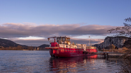 View of the barge moored on the Rhône near the Robinet bridge, Donzère