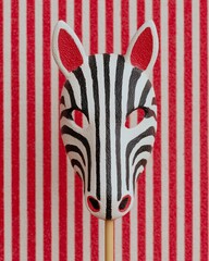Fototapeta premium Vintage style zebra mask on a stick with red accents, displayed against a striped background, creating a playful and whimsical atmosphere for festive occasions