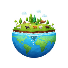 Fototapeta premium A vibrant illustration of a lush green earth with diverse animals roaming on its surface, showcasing nature's beauty from a global viewpoint via RJ Whisk Auto