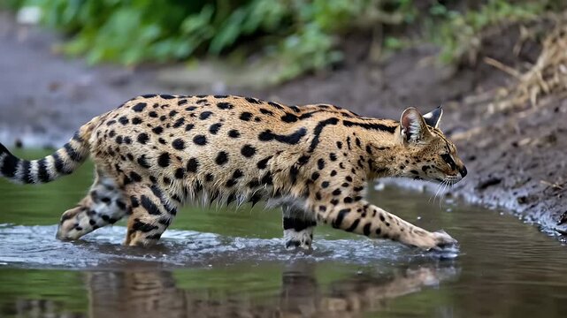 Serval cat walking through water, spotted fur, African wildlife, nature scene.