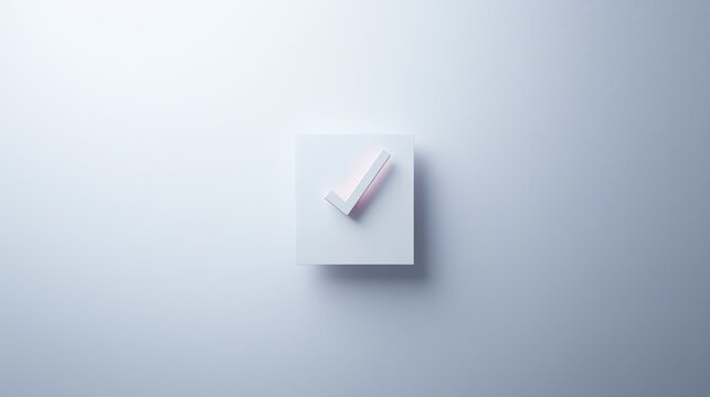 Minimal white check mark icon on square cube on  white background
