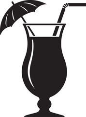 A black silhouette illustration of a tropical cocktail with an umbrella and straw, depicted in a detailed vector eps file