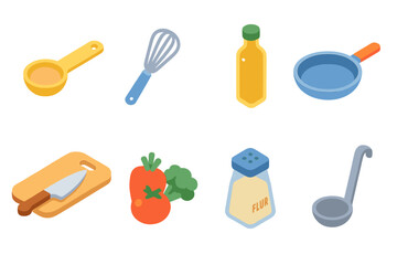 Cooking and kitchen tools 3d icon set. Culinary utensils and food preparation symbols
