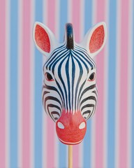 Fototapeta premium Vintage style zebra mask on a stick with a red snout, set against a colorful striped background, creating a playful and whimsical atmosphere for festive occasions