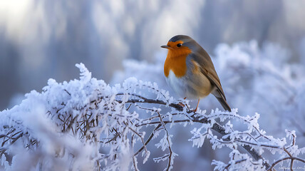 A vibrant robin perched on a snowy branch in a winter landscape