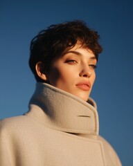 Editorial portrait of a woman with short hair wearing a soft structured coat, gazing confidently against a clear blue sky, showcasing modern fashion and elegance