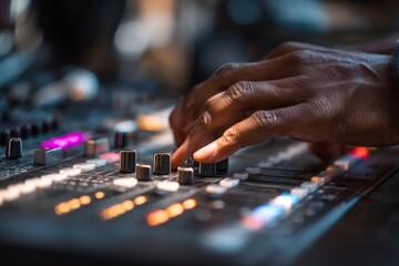 Illuminated buttons and faders on an audio mixing desk are actively controlled for professional music production and sound engineering.