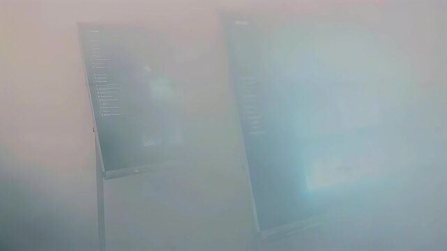 Product presentation with touchscreen dashboards, Displays highlighting user interface prototypes and data analysis, Series of interactive screens demonstrating software interfaces and analytics