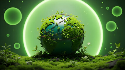 Vibrant globe encircled by luminous green orbs
