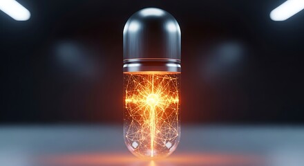 Glowing capsule with energy inside on dark background