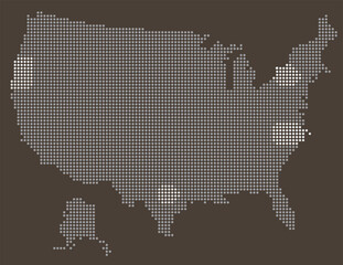 USA Urban Population Map with Dotted Data Density and City Nodes. USA dotted map.