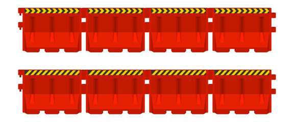 red plastic road barrier lined up, vector illustration isolated on white background.