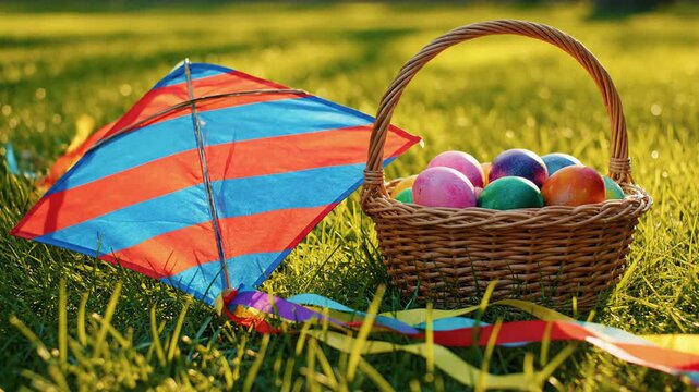 A Kite and Colorful Eggs in a Basket on a Green Meadow, a Sunny Easter Day Celebration