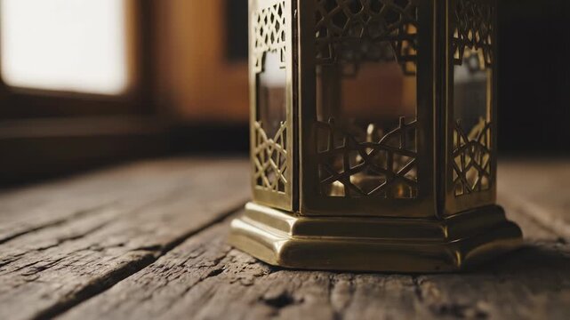 Close-up detail shot of a traditional ornate golden brass Moroccan or Arabic style Fanoos lantern resting on a rustic wooden surface, symbolizing the Islamic holy month of Ramadan or Eid celebrations.