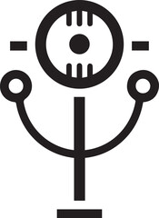 A black and white vector illustration of a stylized mechanical device viewed from the front