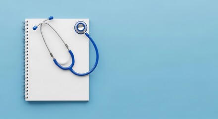 Medical notebook and stethoscope on blue background