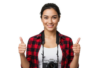 Young woman photographer giving thumbs up isolated on transparent background