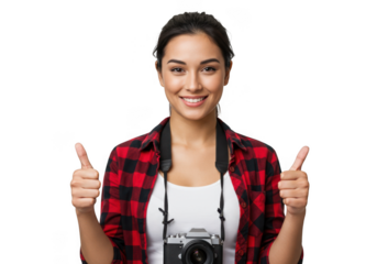 Young woman photographer giving thumbs up isolated on transparent background