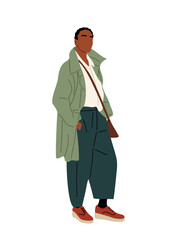 Flat minimalist illustration of a person in a sage green oversized coat, dark teal pants, red shoes, and brown crossbody bag. Isolated on transparent background.