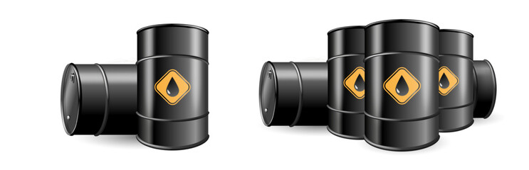 Black barrels for cruel oil or petroleum. Design Template of Packaging for Mockup. Vector