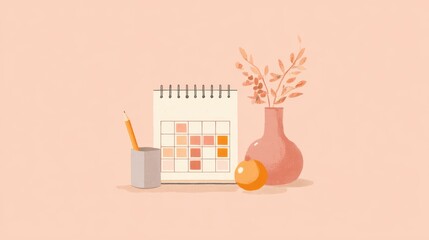 Desk setup with calendar pencil holder vase with flowers and orange on a light pink background