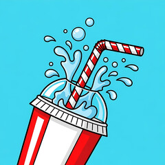 Soda cup with straw splashing water on blue background  