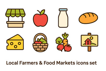 Local farmers & food markets icon set. Outline style icons for farm, fresh produce