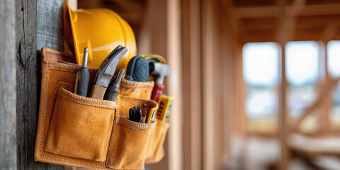 Carpenter's Tool Belt Hanging on Wooden Beam in Brightly Lit Construction