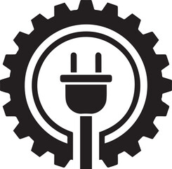A black plug icon surrounded by a gear symbol, representing technology and innovation, in a simple vector illustration