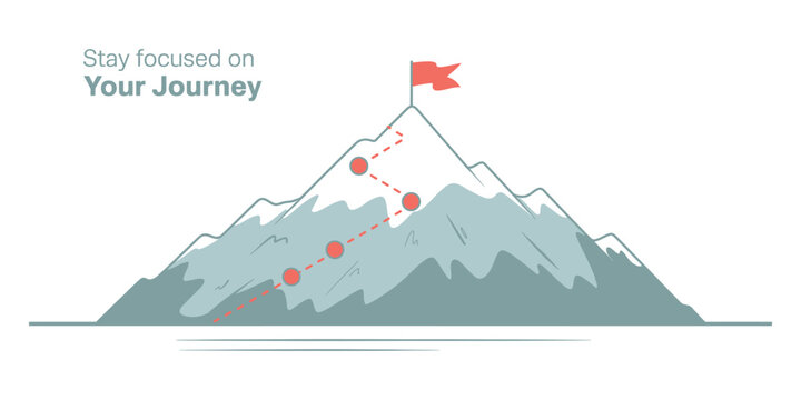 Journey Concept Vector Illustration of a Mountain with Path and Flag at the Top, Depicting Route to Mountain Peak, Business Journey, Goal Achievement, Planning, Strategy, Web, Apps, UI UX, and Digital