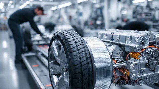 Close up electric vehicle chassis, wheel assembly in state art automotive production facility. Cutting edge technology, automation drive efficiency, sustainability in car manufacturing