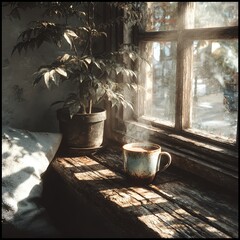 Cozy Morning Coffee by a Sunlit Window with Potted Plant