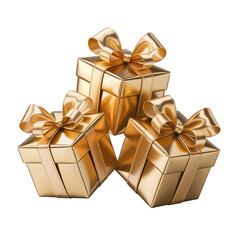 Obraz premium Luxury Gold Gift Boxes with Elegant Satin Ribbons and Bows Isolated on Black Background for Celebration, Holiday and Premium Packaging Concept