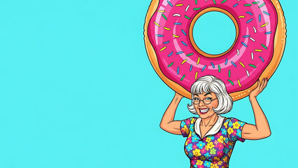 Senior woman smiling while holding oversized donut on blue background  