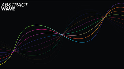 Vibrant abstract wave design with colorful lines on black background.