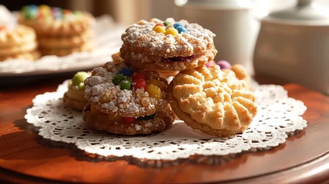 Close-up shot of homemade colorful sandwich cookies decorated with powdered sugar and candies, resting on a lace doily on a wooden table in bright sunlight.
