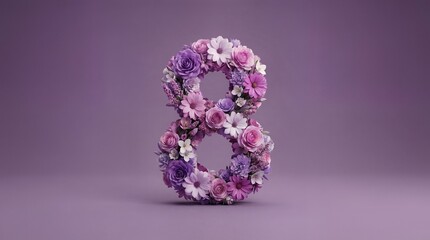 Number 8 Made of Purple Flowers and Roses on Violet Background 3D Render