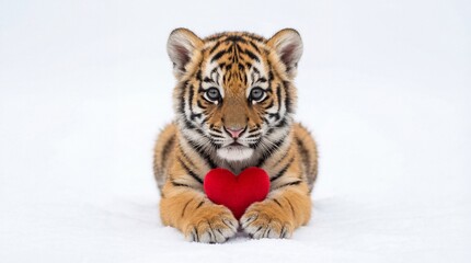 Cute Tiger Cub Lying on White Snow Holding Red Heart