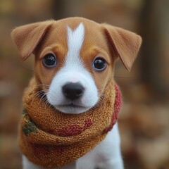 Adorable puppy stands still, wearing a cozy scarf amidst colorful fallen leaves in nature