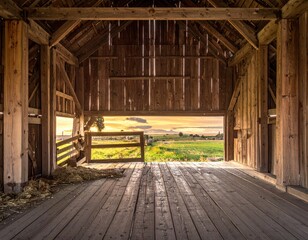 Naklejka premium Tranquil Barn Interior with View of Golden Sunset and Field