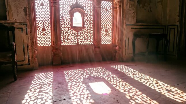 Haveli Jali Lattice Window Color Sieve, Interior Sunlight Patterned Floor, Gulal Pigment Dust Creating Pink Saffron Indigo Shadows and Shimmering Dust Motes