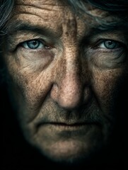 Portrait of an older person with deep wrinkles and intense blue eyes standing against a dark background