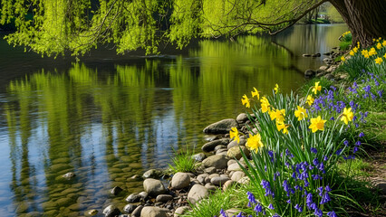 Spring riverbank with blooming daffodils and bluebells lush green trees reflected in calm water serene natural landscape for outdoor recreation and nature themes