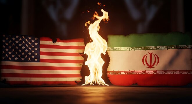 Tension between america and iran flags on fire