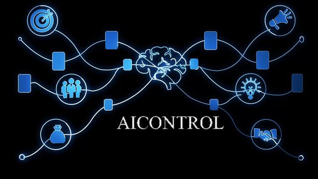 IFOSYNC system concept with glowing blue lines connecting icons around a human head and brain on a dark background 4k video