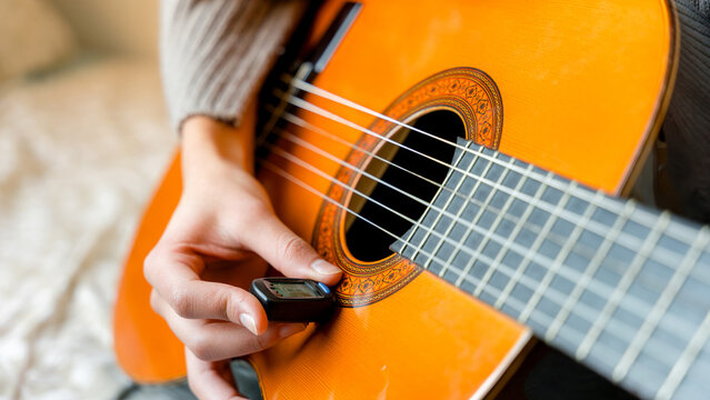 Young woman tuning a classical guitar
