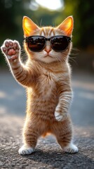 Happy cat stands confidently with sunglasses on, enjoying a sunny moment outdoors
