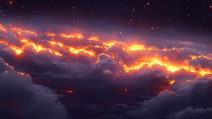 Fototapeta premium Flames and sparks illuminate the dark clouds in a mesmerizing night sky scene