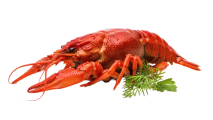 A vibrant red crawfish rests with fresh herbs on a black background