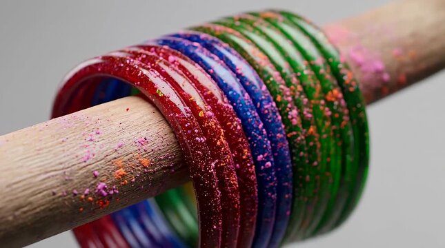 Lac Bangles with Microscopic Gulal Dust on Wooden Dowel, Ultra Macro Turntable Rotation, Glitter Flecks in Lacquer
